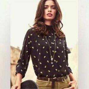 CABI Floral Black Blouse With Smocked Collar